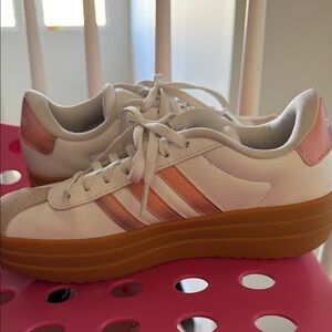 adidas White Sneakers with Rose Gold Stripes and Gum Platform